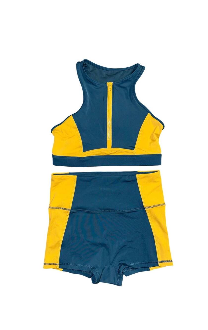 Fabletics Blue and Yellow High-Neck Zip-Front Swim Top and Swim Shorts Set